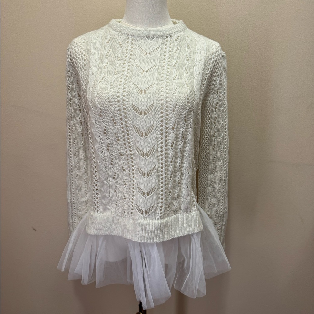 NWOT POL White Knit Sweater with Tulle Hem